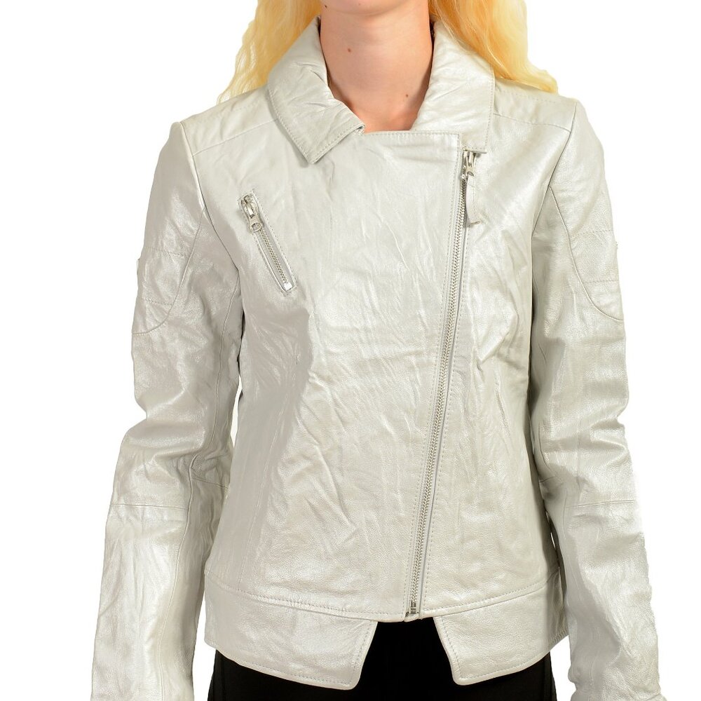 Scuderia Ferrari X Puma Women's Silver 100% Leather Bomber Jacket US S IT 40